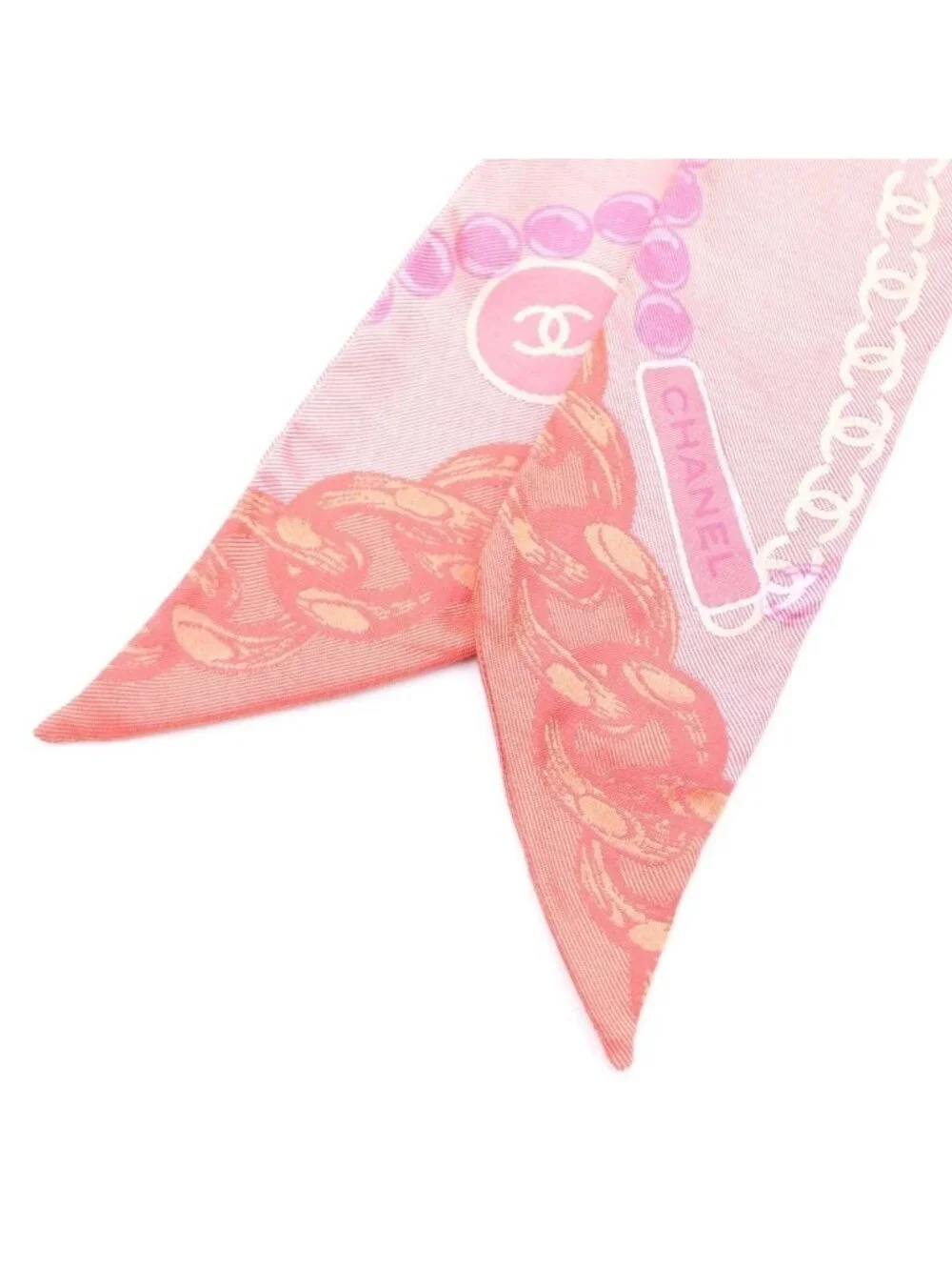 Chanel CC Logo Pearl Motif Silk Twilly Scarf Pink